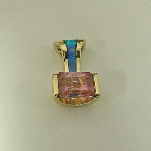 14 Karat Yellow Gold Pendant With Laboratory Blue Opal and Natural Pink Tourmaline #G0022