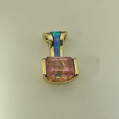 14 Karat Yellow Gold Pendant With Laboratory Blue Opal and Natural Pink Tourmaline #G0022