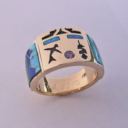Custom 14 Karat Yellow Gold Mens Ring with Tanzanite and Multi-Stone Inlay #G0020