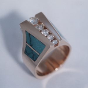 Custom Gold Ring with Diamonds and Turquoise Inlay #G0041