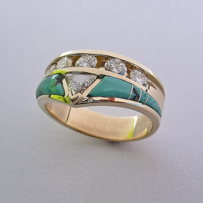 Gold, Diamond, and Turquoise Wedding Band #G0003