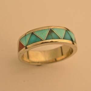 White Gold Wedding Band With Turquoise and Coral Inlay #G0005