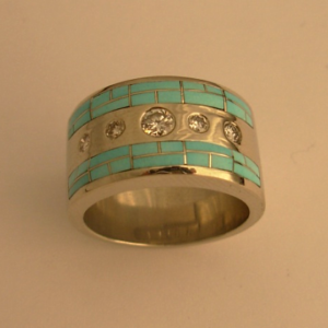 White Gold with Turquoise Inlay and Diamonds #G0014