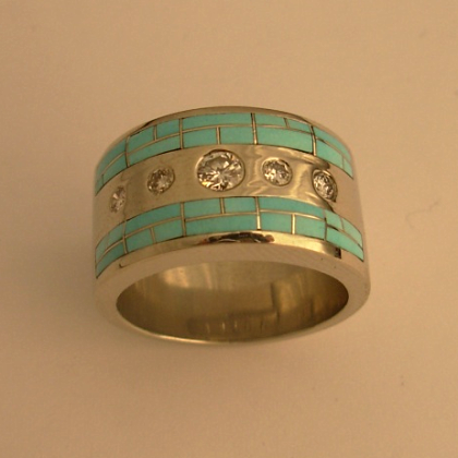 White Gold with Turquoise Inlay and Diamonds #G0014