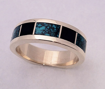 Mens Turquoise and Jet Inlay Ring #G0078