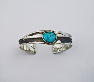 Sterling Silver Freeform Bracelet with Kingman Turquoise #G0064