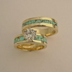 14 Karat Gold Diamond and Turquoise Wedding Set #G0084