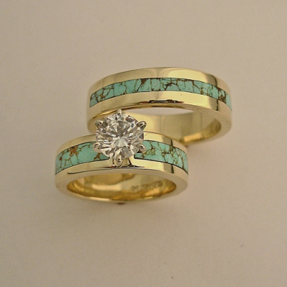 14 Karat Gold Diamond and Turquoise Wedding Set #G0084