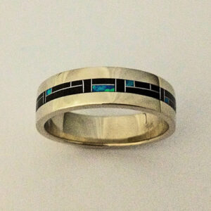 White Gold Wedding Band with Black Jade and Blue Lab Opal Inlay #G0089