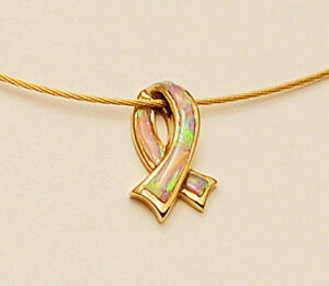 14 Karat Yellow Gold and Pink Opal Breast Cancer Ribbon Pendant #G0090