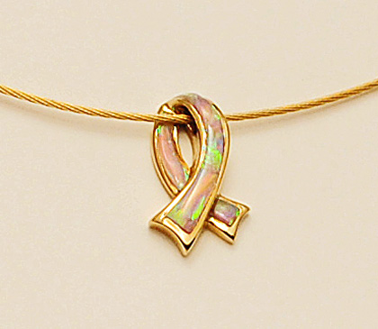 14 Karat Yellow Gold and Pink Opal Breast Cancer Ribbon Pendant #G0090