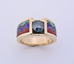 Gold Black Diamond Turquoise Sugalite Coral and Black Jade Ring #G0094