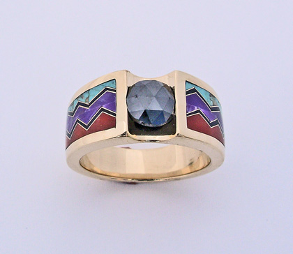 Gold Black Diamond Turquoise Sugalite Coral and Black Jade Ring #G0094
