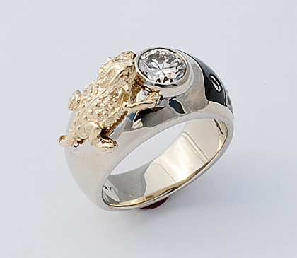 14k White Gold Ring With A Yellow Gold Horny Toad, Diamond, and Inlay	