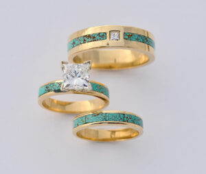18 Karat Gold Turquoise and Diamond Wedding Set #G0102