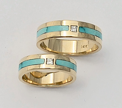 14 Karat Gold Engagement Ring and Wedding Ring Set with Diamond and Turquoise #G0111