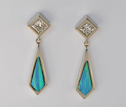 Princess Cut Diamond Earrings with Lab Opal Inlay #G0115
