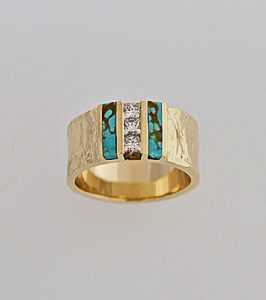 14 Karat Bark Texture Ring with Princess Cut Diamonds and Turquoise Inlay #G0121