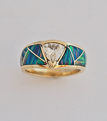 Custom gold ring with Moisanite and Opal inlay