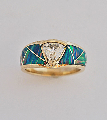Gold and Moisanite ring featuring Opal inlay #G0123