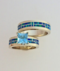 14 Karat Yellow Gold Wedding Set with Cultured Opal and Aquamarine #G0130