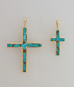 14 Karat Yellow Gold and Turquoise Crosses #G0129