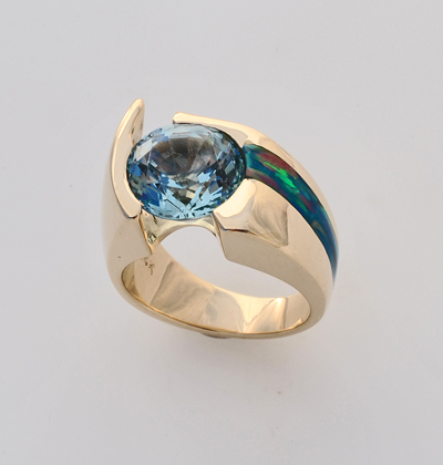 Custom 14 karat yellow gold ring with Aquamarine and Cultured Opal Inlay #G0116