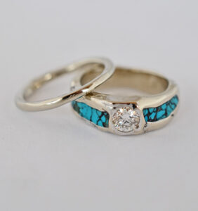 14 Karat White Gold Diamond and Turquoise Wedding Set #G0136