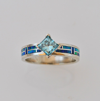 14 karat gold ring with Aquamarine and Opal inlay  by Southwest Originals  