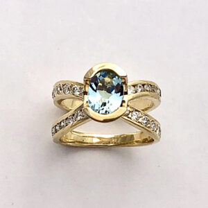 Gold Diamond and Aquamarine Ring #G0149