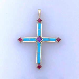 Gold Cross Pendant with Ruby, Amethyst and Turquoise #g0232