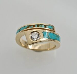 14 karat Gold, Diamond, and Turquoise engagement ring by Southwest Orignals