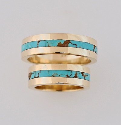 Gold and Turquoise Wedding Ring Set by Southwest Originals