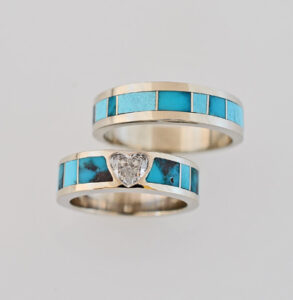 14-Karat-White-Gold-Heart-Shape-Diamond-and-Bisbee-Turquoise-Wedding-Set by Southwest Originals 505-363-7150