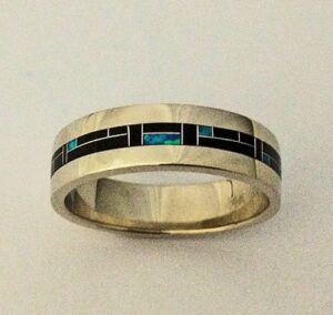 14-Karat-White-Gold-Wedding-Band-With-Black-Jade-and-Blue-Lab-Opal-Inlay-by-Southwest-Originals-505-363-7150