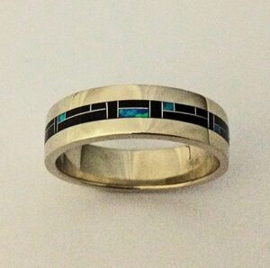 14 Karat White Gold Wedding Band With Black Jade and Blue Lab Opal Inlay by Southwest Originals 505-363-7150