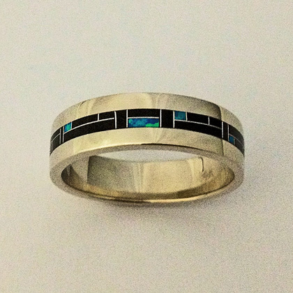 14 Karat White Gold Wedding Band With Black Jade and Blue Lab Opal Inlay