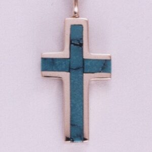 14 Karat Yellow Gold Cross Pendant with Turquoise Inlay by Southwest Originals 505-363-7150