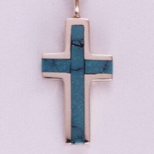 14 Karat Yellow Gold Cross Pendant with Turquoise Inlay by Southwest Originals 505-363-7150