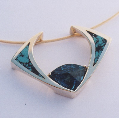 14 Karat Yellow Gold Pendant with London Blue Topaz and Turquoise Inlay by Southwest Originals 505-363-7150