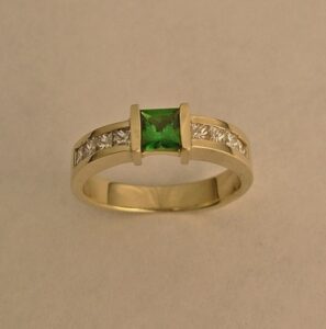 14 Karat Yellow Gold Wedding Ring with Diamond and Green Garnet by Southwest Originals 505-363-7150
