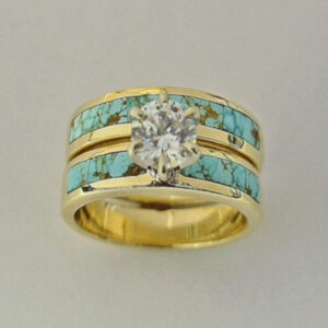 14 Karat Yellow Gold Wedding Set With Turquoise and Diamond by Southwest Original 505-363-7150