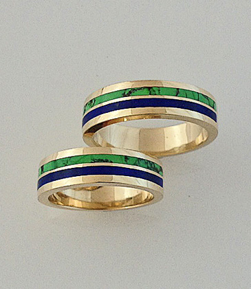 14 Karat Yellow Gold Wedding Set with Natural Lapis and Turquoise Inlay