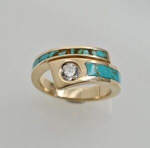 14 karat Gold, Diamond, and Turquoise engagement ring by Southwest Originals 505-363-7150