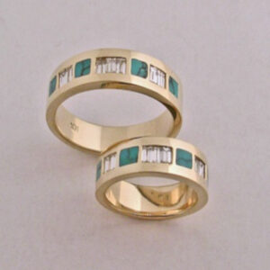 14 karat yellow Gold, Turquoise, and Diamond Wedding set by Southwest Originals 505-363-7150