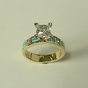 14 karat yellow gold Engagement Ring with Diamond and Natural Turquoise Inlay