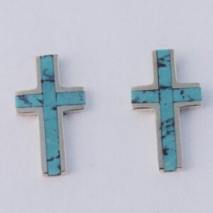14 karat yellow gold cross earrings with turquoise inlay by Southwest Originals 505-363-7150