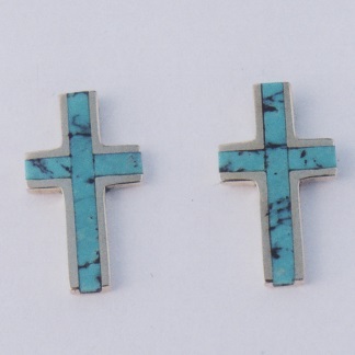 14 karat yellow gold cross earrings with turquoise inlay by Southwest Originals 505-363-7150