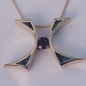 14 karat yellow gold pendant with Amethyst and Turquoise Inlay by Southwest Originals 505-363-7150