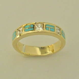 14 karat yellow gold ring with Diamonds and Natural Turquoise Inlay